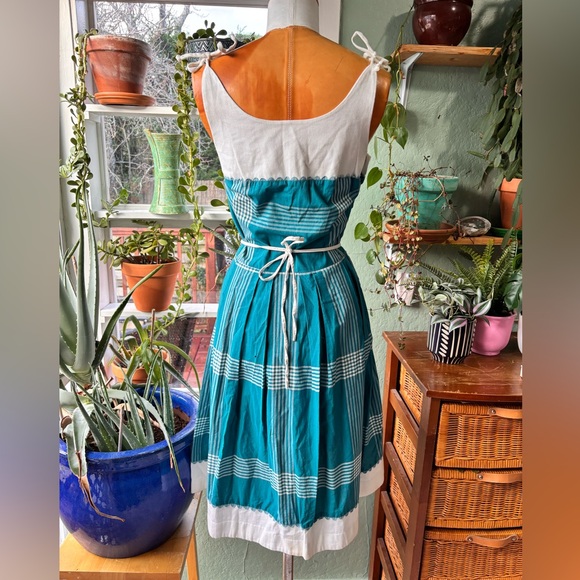 Vintage Teal Plaid Cotton Tie Shoulder Sundress - Picture 5 of 6